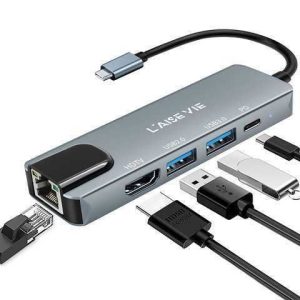 ADAPTADOR TIPO C 5 EN 1 MODELO BYL-2007 4K 2P / 2USB 3.0 / RJ45 ETHERNET / HDMI / C