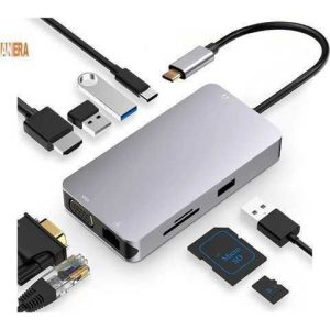 ADAPTADOR 10 EN 1 TIPO C - A - RJ45 / VGA / 3PUERTOS USB3.0 / HDMI / LECTOR SD Y MICROSD / TIPO C / AUDIO
