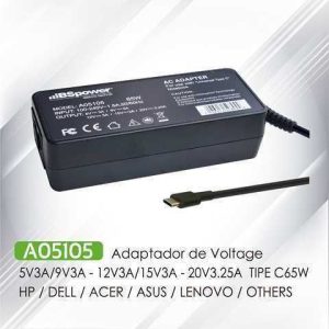 CARGADOR TIPO C BSPOWER 5V3A / 9V3A / 14.5V2A / 20.3V3A / 5.2V2.4A / 12V3A / 15V3A / 20V3.25A / 65W A05105